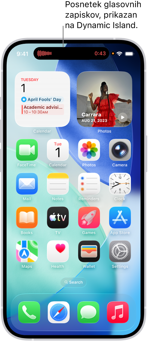 Domači zaslon iPhona, ki prikazuje zapisovanje Glasovni zapiski v možnosti Dynamic Island.