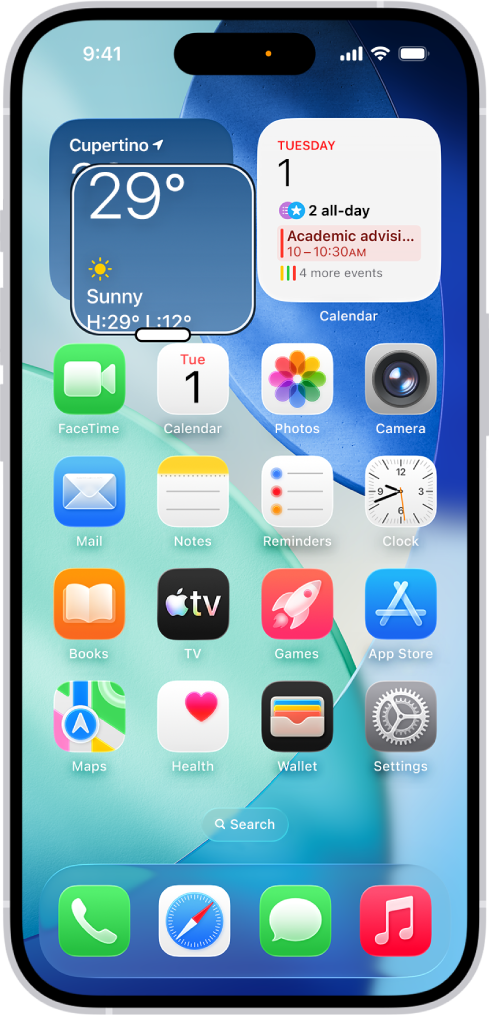 iPhone, ki prikazuje domači zaslon z oknom, povečanim na delu zaslona.
