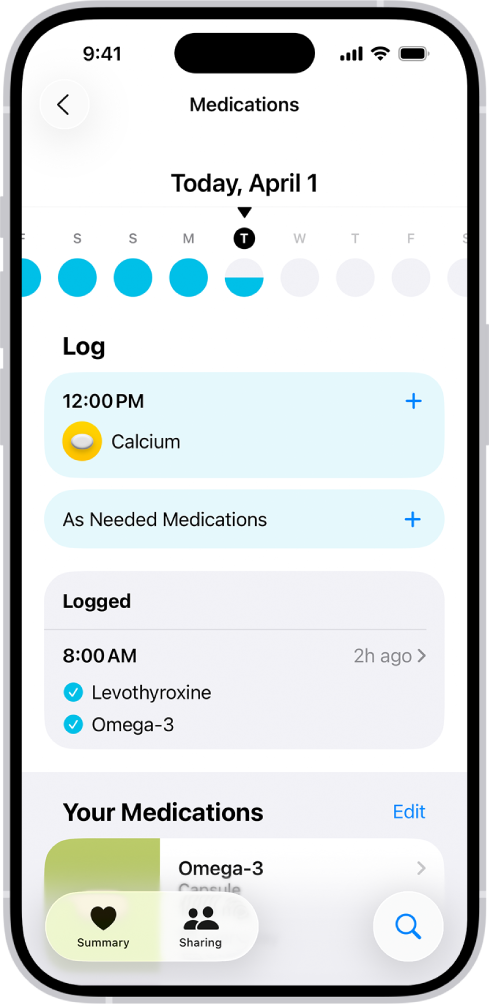 Skärmen Läkemedel i Hälsa med datumet och en logg för läkemedel.