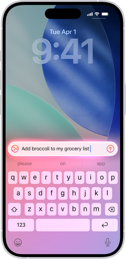 iPhone جس میں لاک اسکرین پر کی بورڈ دکھایا جا رہا ہے۔ کی بورڈ کے اوپری حصے میں Siri کی درخواست ظاہر ہوتی ہے۔