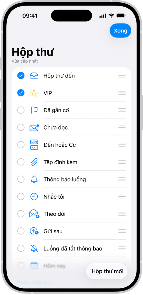 Màn hình sửa hộp thư. Các hộp thư tùy chọn được liệt kê từ trên xuống dưới với một hộp kiểm ở bên trái của từng tùy chọn. Ở góc dưới cùng bên phải của màn hình là một nút có nhãn là Hộp thư mới.