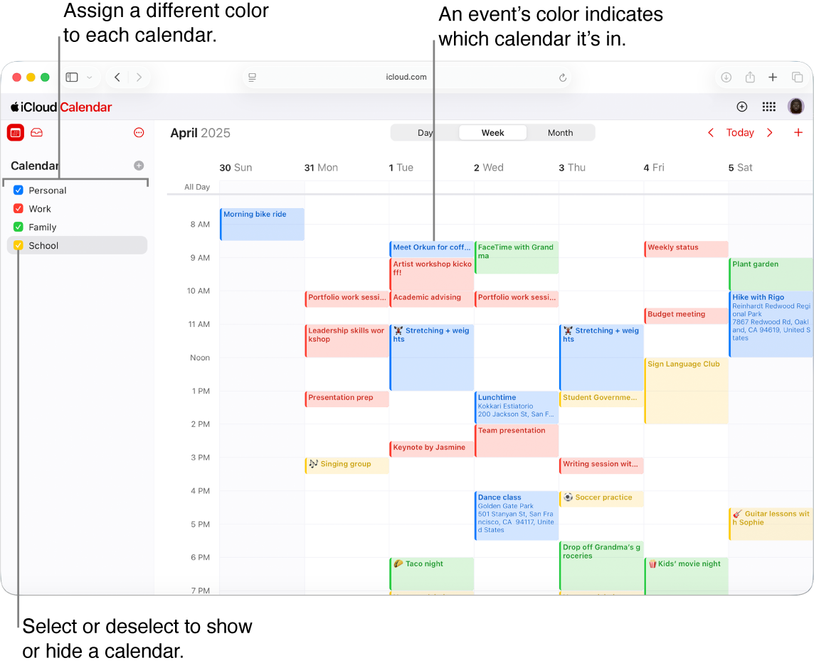 The Calendar window on iCloud.com, with several calendars visible. The calendars are assigned different colors, and an event’s color indicates which calendar it’s in.