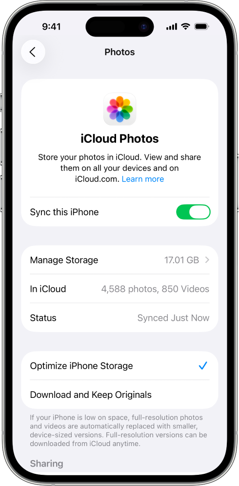 Ecranul Poze iCloud în configurările iCloud. Sincronizați acest iPhone este activată.