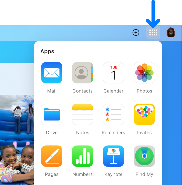 App Launcher จะเปิดขึ้นในหน้าหลัก iCloud และแสดงแอปต่างๆ ต่อไปนี้: เมล, รายชื่อ, ปฏิทิน, รูปภาพ, iCloud Drive, โน้ต, เตือนความจำ, Invites, Pages, Numbers, Keynote และค้นหาของฉัน