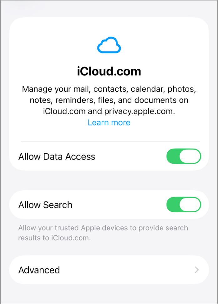 Cửa sổ iCloud.com trong Cài đặt hệ thống với các tính năng Cho phép truy cập dữ liệu và Cho phép tìm kiếm được bật.