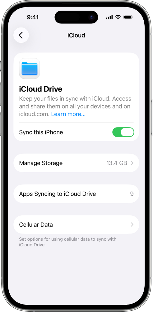 iCloud 设置中的“iCloud 云盘”屏幕。“同步此 iPhone”已开启。