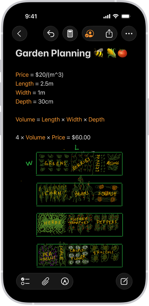 Математическа бележка, отворена в Калкулатор, с декларирани променливи, уравнения и графика на математическа задача.