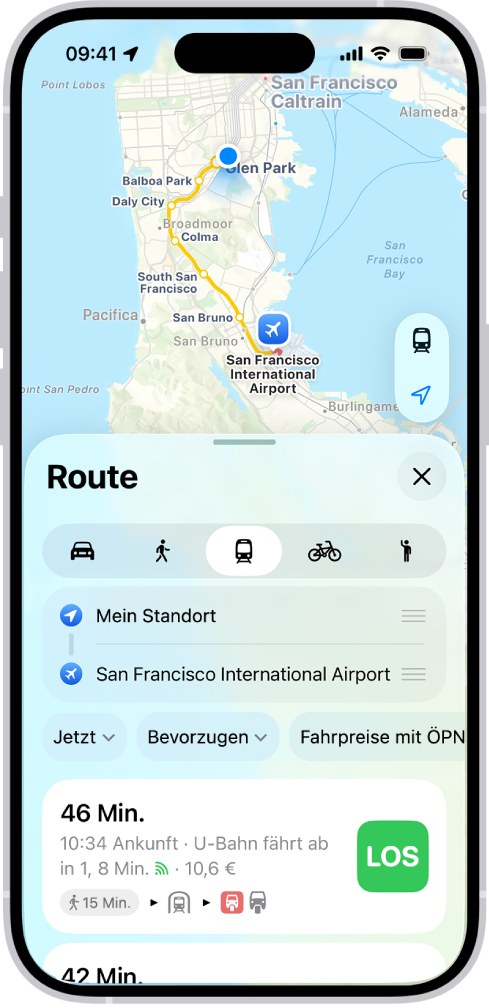 Eine Karte mit ÖPNV-Routen. Die Routenkarte unten enthält Details, darunter die voraussichtliche Wegzeit und Fahrtkosten. Die Taste „Los“ wird rechts neben den Routendetails angezeigt.