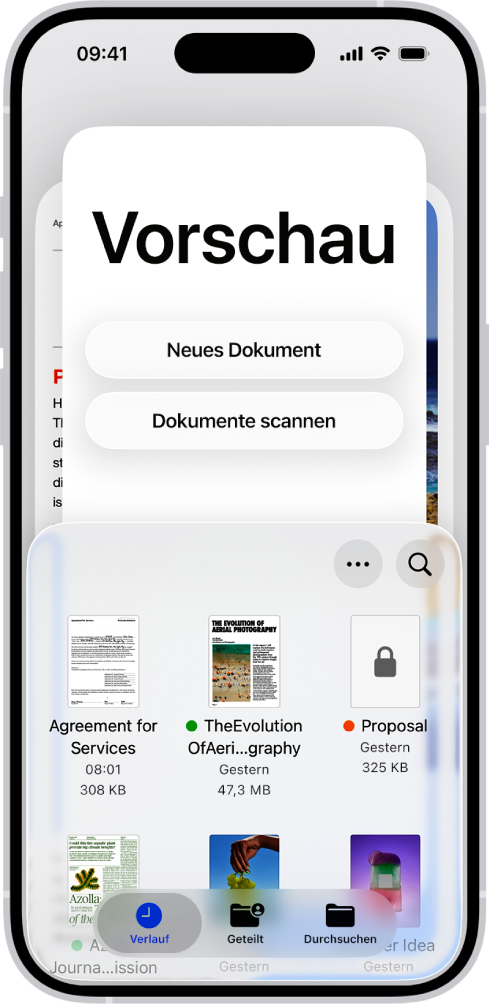 Der Hauptbildschirm der App „Vorschau“ zeigt PDF-Dateien und Bilder. Unten auf dem Bildschirm werden die Tabs „Zuletzt“, „Teilen“ und „Durchsuchen“ angezeigt.