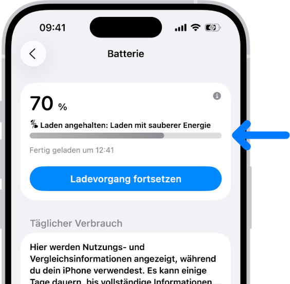 Die Ladeinformationenkarte in den iPhone-Batterieeinstellungen. Die Karte zeigt, dass die Batterieladung bei 70 % liegt, und enthält die Nachricht „Laden angehalten: Laden mit sauberer Energie“. Planmäßig ist der Ladevorgang um 12:41 Uhr beendet und es wird die Option „Ladevorgang fortsetzen“ angezeigt.