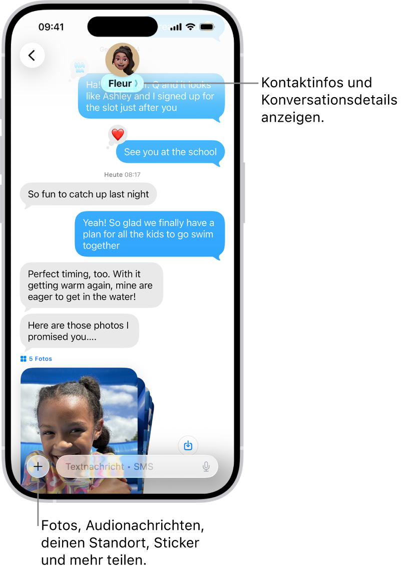 Eine Konversation in der App „Nachrichten“. Der Name der Person, der du Nachrichten sendest, wird oben auf dem Bildschirm angezeigt. Du kannst auf ihren Namen tippen, um Konversationsinfos zu sehen. Unten links befindet sich Taste „Hinzufügen“.