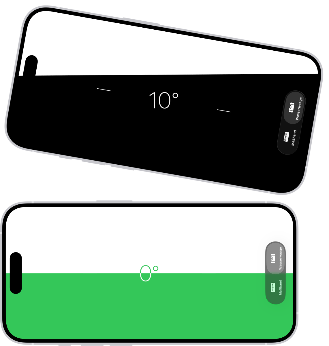 Der Bildschirm „Wasserwaage“ in der App „Maßband“. Oben ist das iPhone in einem Winkel von 10 Grad geneigt, unten ist es gerade ausgerichtet.