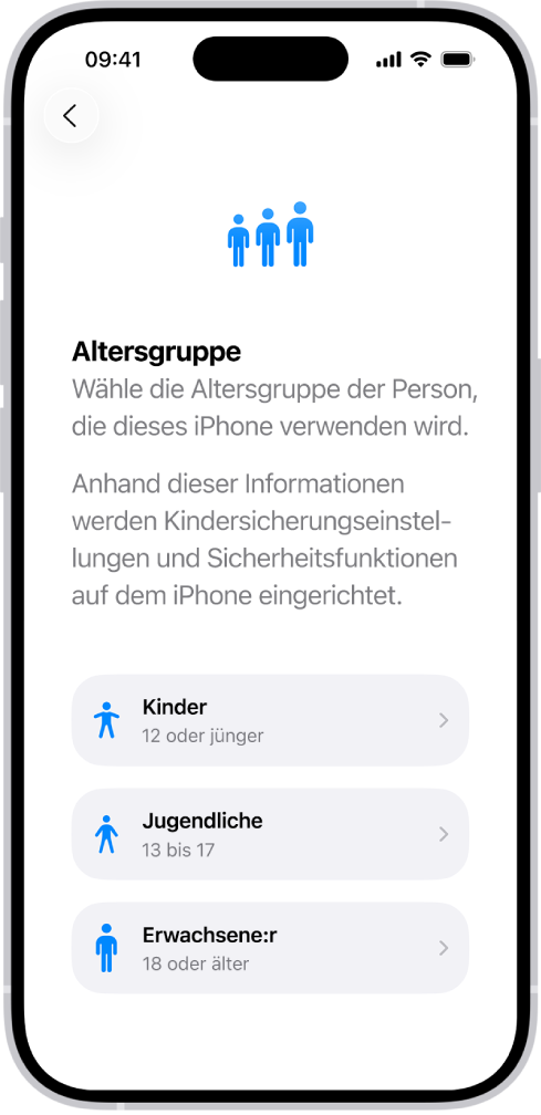 Der Konfigurationsbildschirm „Altersgruppen“. Drei Altersgruppen werden aufgeführt: „Kind“ (12 Jahre oder jünger), „Teen“ (13 bis 17) und „Erwachsene:r“ (18 Jahre oder älter).
