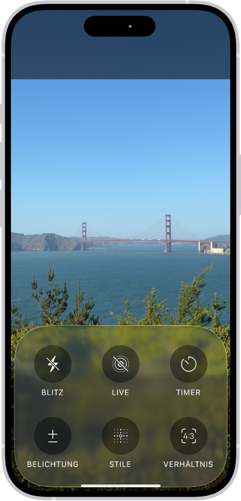 Die App „Kamera“ ist im Modus „Foto“ geöffnet. Unten auf dem Bildschirm befinden sich Tasten für die folgenden Kamerasteuerungen: „Blitz“, „Live“, „Timer“, „Belichtung“, „Stile“ und „Format“.