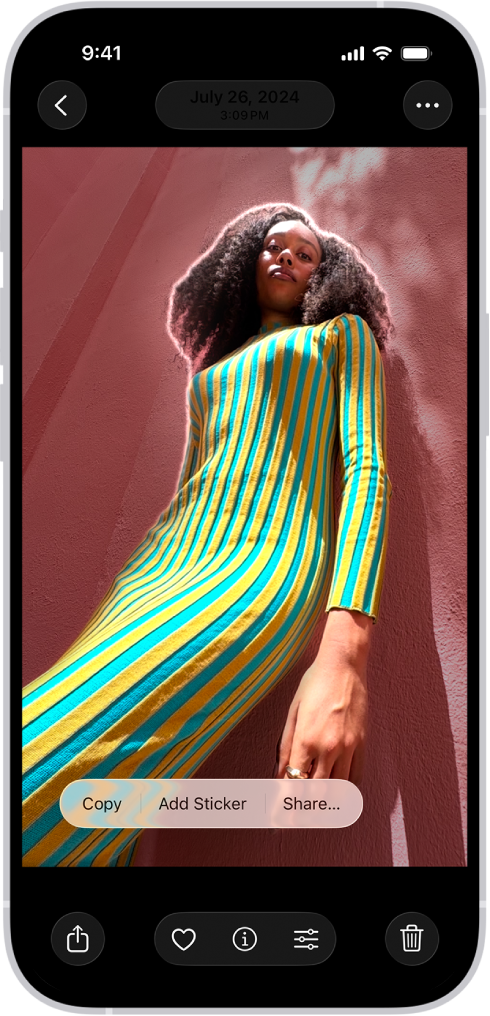 A photo is open in the Photos app library. The subject in the center of the photo is outlined and the Copy, Add Sticker, and Share buttons appear above it.