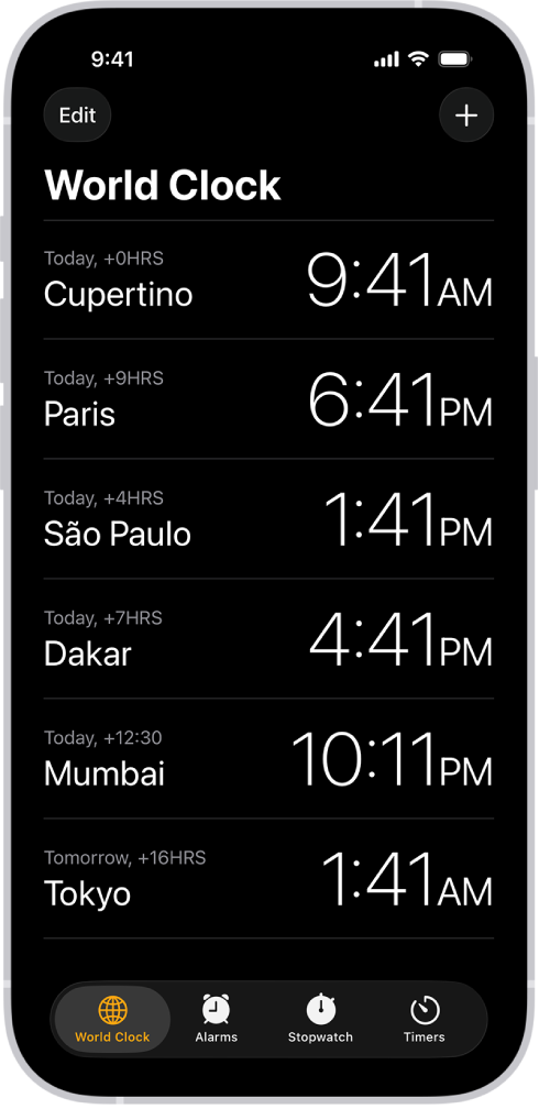 The World Clock tab, showing the time in various cities. The Edit button near the upper-left corner lets you reorder or delete clocks. The Add button near the upper-right corner lets you add more clocks. World Clock, Alarm, Stopwatch, and Timers buttons are along the bottom.