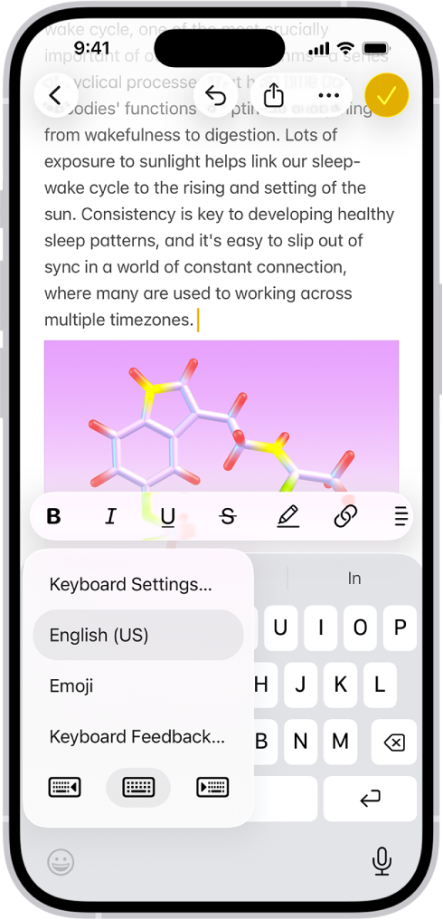The Keyboard Settings menu is open, and shows three options: English (US), Emoji, and Keyboard Feedback. At the bottom of the menu, from left to right, are buttons for left-handed layout, default layout, and right-handed layout. The default layout button is selected.