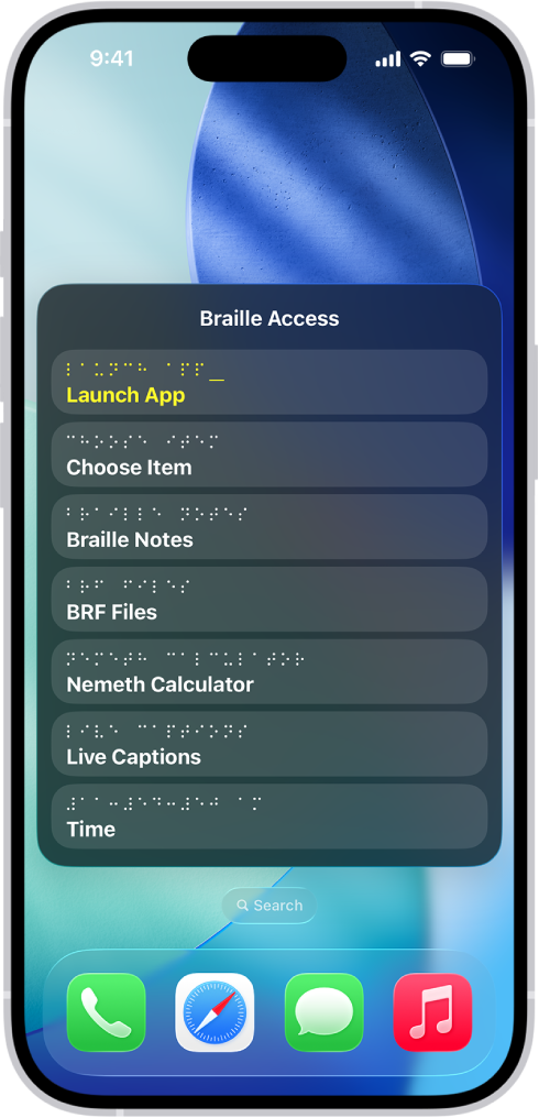 An iPhone with the Braille Access menu open, showing the following options: Launch App, Choose Item, Braille Notes, BRF Files, Calculator, Live Captions, and Time.