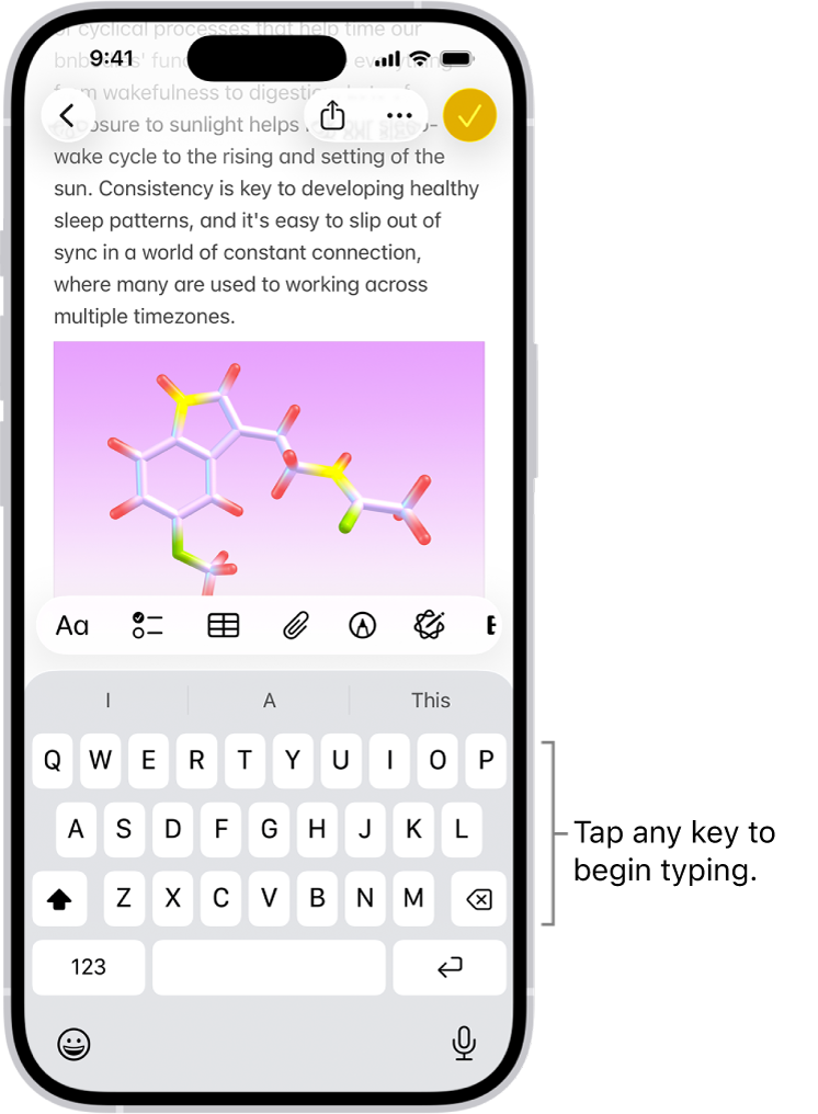 A document is open in the Notes app. The onscreen keyboard is in the bottom half of the screen.