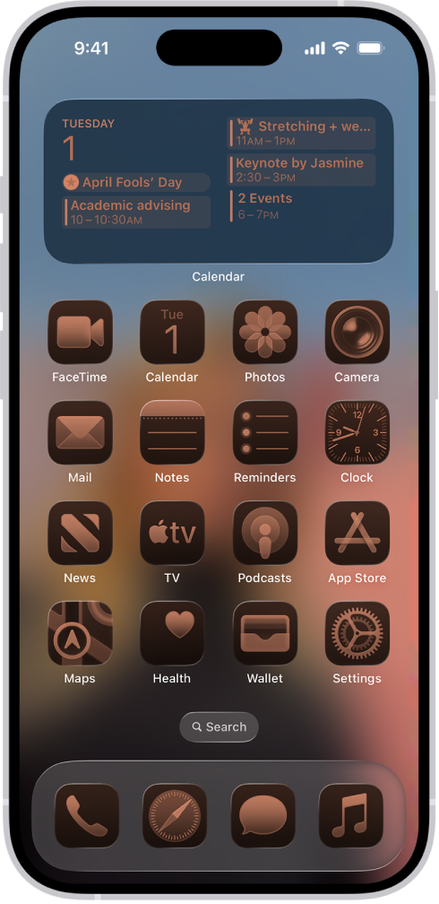 The iPhone Home Screen with tinted app icons.