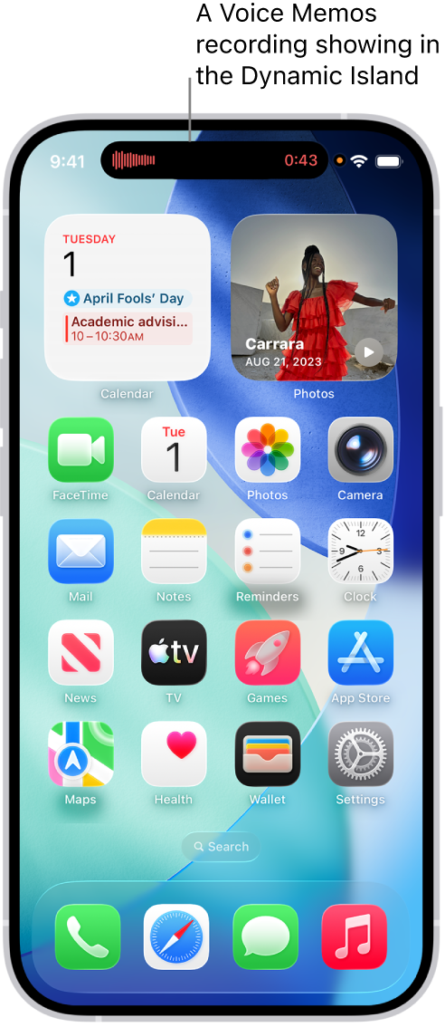 The iPhone 14 Pro Home Screen, showing a live Voice Memo recording in the Dynamic Island at the top of the screen.