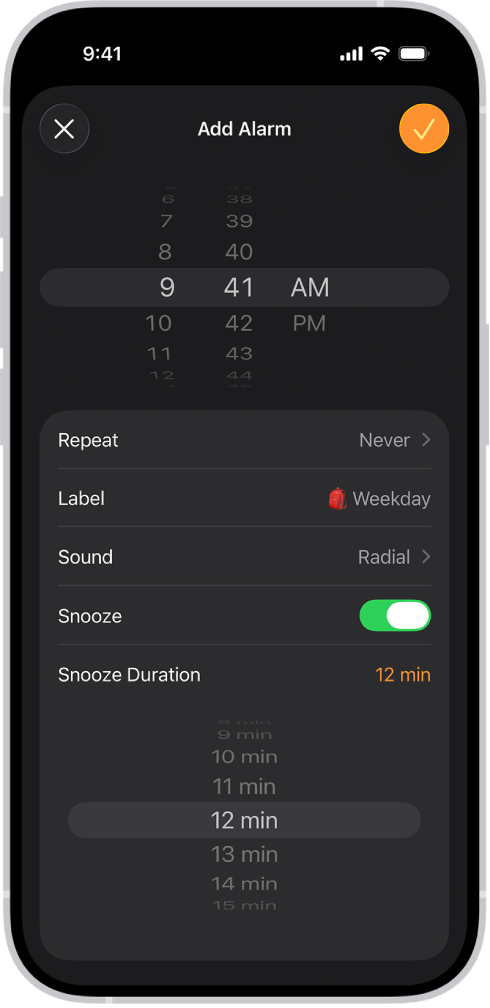The Add Alarm screen in the Clock app. The Snooze is turned on and the Snooze Duration is set to a custom time of 12 minutes.