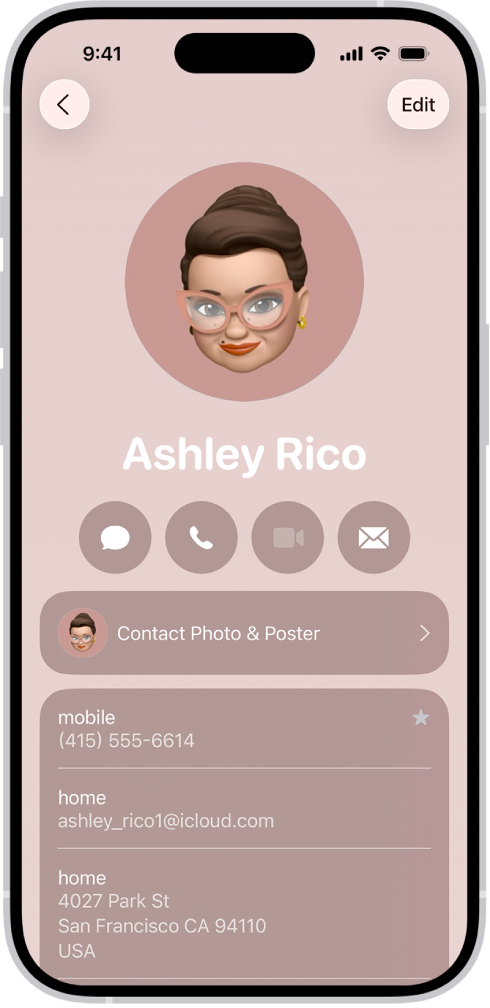 A contact card in the Contacts app.