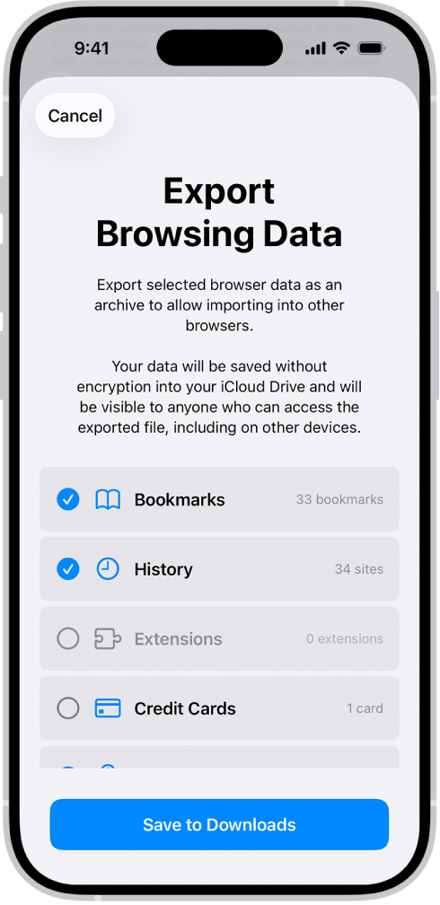 The Export Browsing Data screen, showing the data you can export from Safari to another browser.