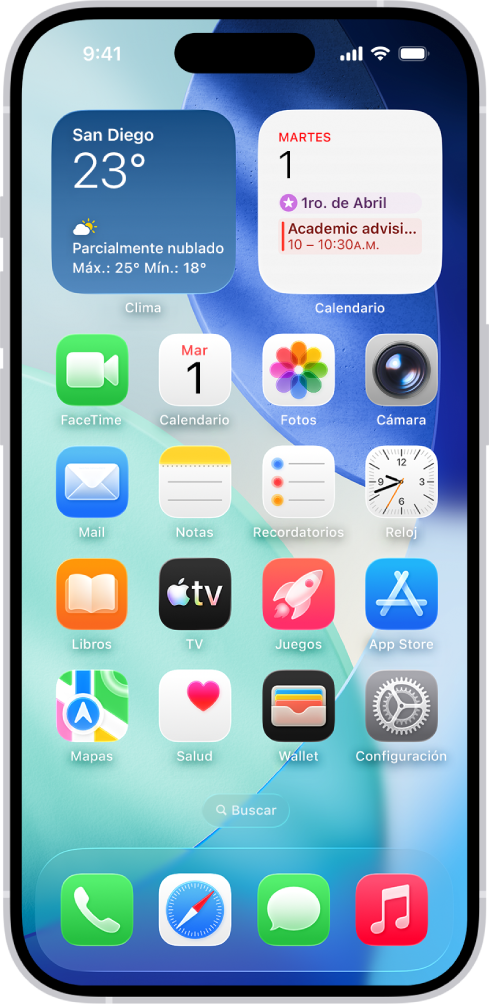 Pantalla de inicio con varios íconos de apps, incluyendo el ícono de la app Configuración, que puedes tocar para modificar el nivel del volumen del iPhone, el brillo de la pantalla y más.