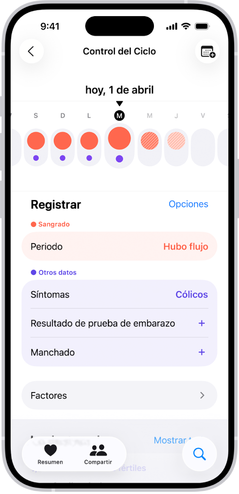 La pantalla Control del Ciclo mostrando una línea del tiempo de una semana en la parte superior. Los círculos rojos sólidos y los puntos morados marcan los primeros 5 días en la línea de tiempo. Debajo de la línea del tiempo hay opciones para agregar información sobre el periodo, los síntomas y más.