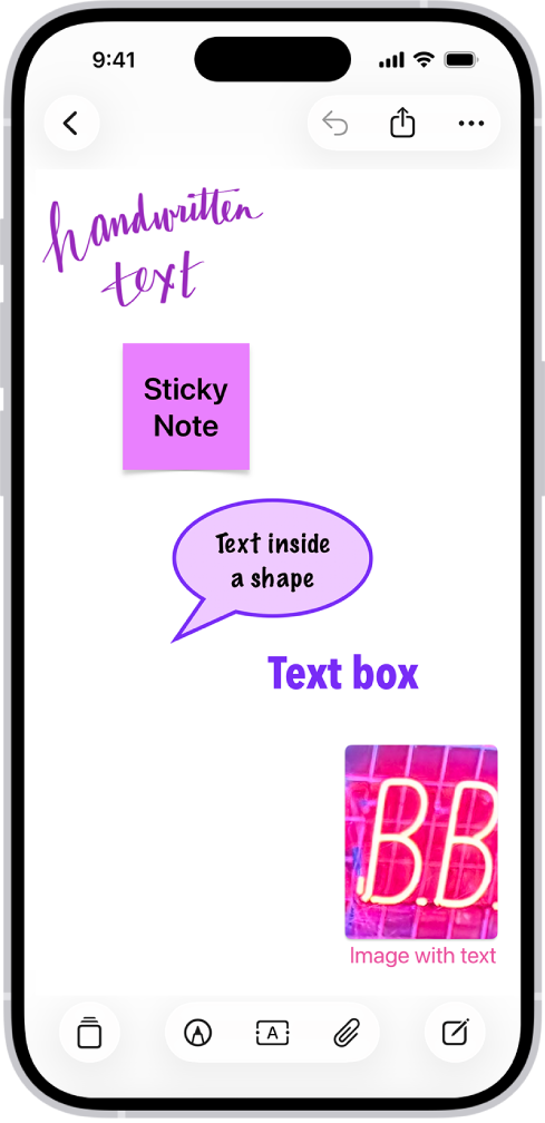 Un tablero de Freeform con texto en un dibujo, en una nota adhesiva, en una figura, en un cuadro de texto y en una imagen.