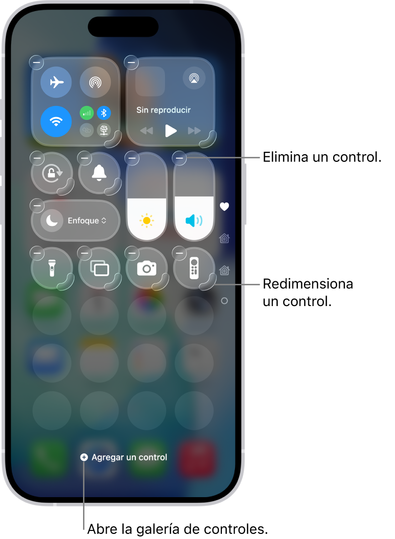 El centro de control se está editando y tiene el botón Eliminar y la manija de redimensionamiento en cada control.