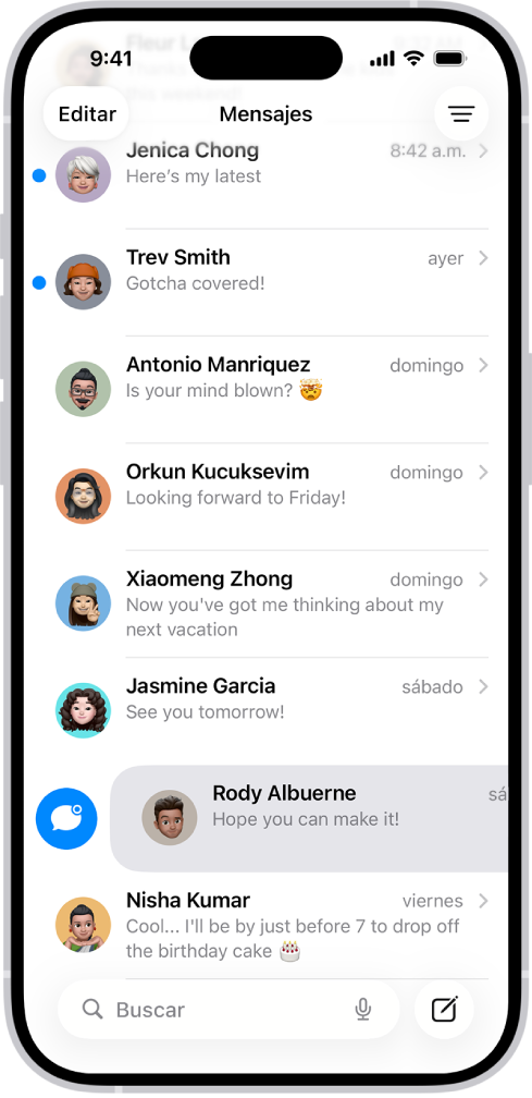 Una lista de conversaciones de Mensajes con dos mensajes sin leer y uno que se está marcando como no leído.