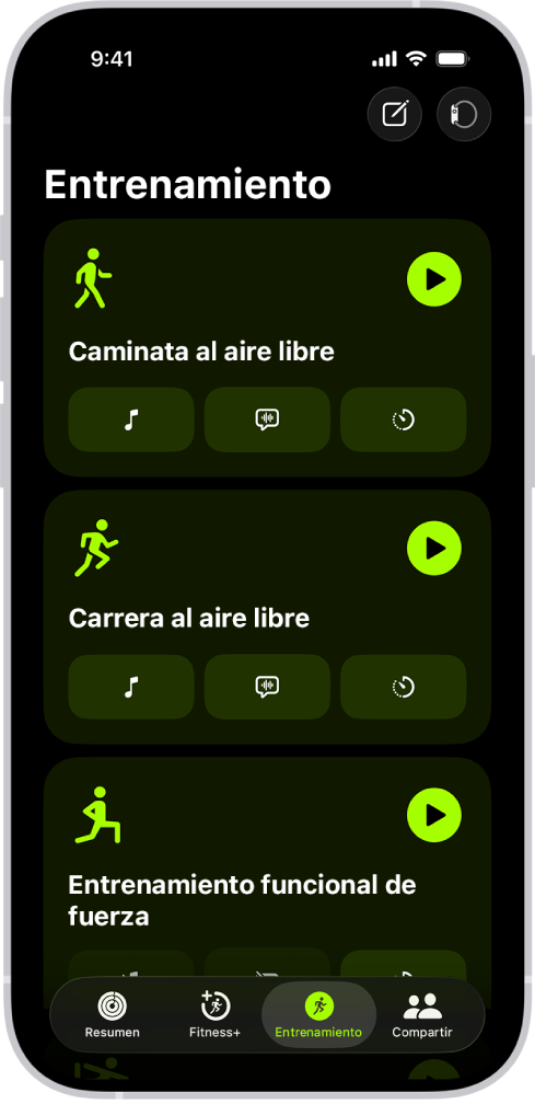 La pantalla de entrenamiento de Fitness mostrando tres tipos de entrenamientos. Los botones para registrar un entrenamiento y conectar un monitor de frecuencia cardiaca se encuentran en la parte superior de la pantalla.