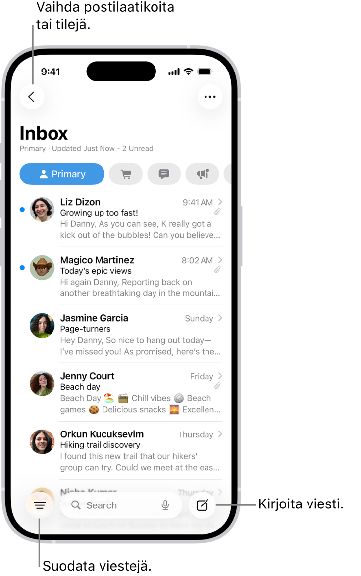Mailin Saapuneet-näkymä, jossa näkyy sähköpostien luettelo.