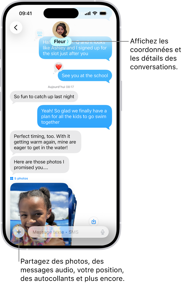 Une conversation Messages. Le nom de la personne à laquelle vous envoyez des messages est en haut de l’écran. Vous pouvez toucher son nom pour afficher les détails de la conversation. Le bouton Ajouter se trouve dans le coin inférieur gauche.