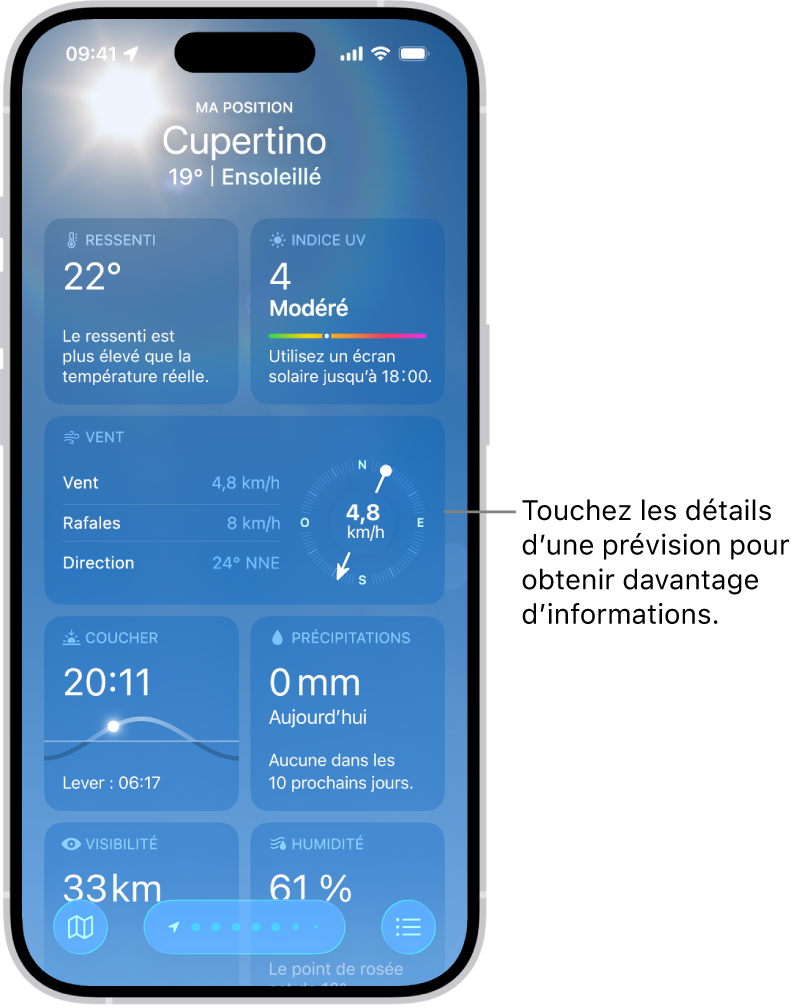 L’app Météo affichant la position actuelle en haut avec, en dessous, la température et les conditions météo actuelles. Le reste de l’écran contient des détails météo, notamment l’indice UV, le vent et les précipitations.