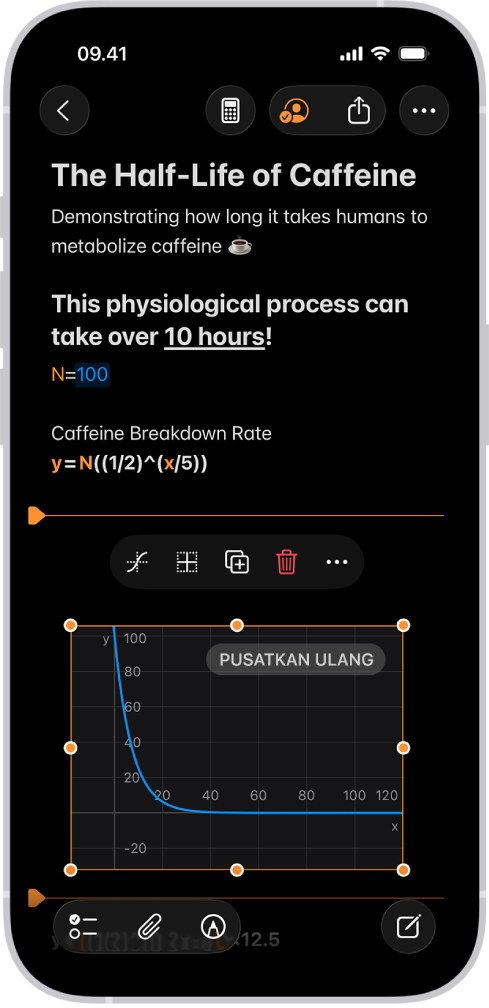 Catatan Matematika terbuka di Kalkulator, dengan variabel yang dinyatakan, persamaan, dan grafik.
