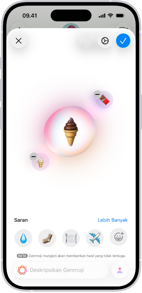 Jendela Genmoji yang menampilkan Genmoji buatan cone es krim.