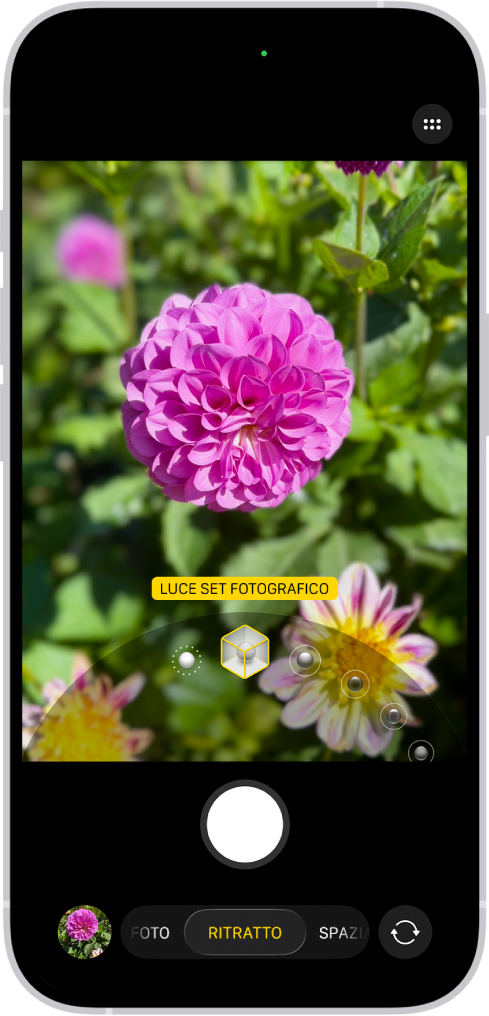 La schermata di Fotocamera in modalità Ritratto; nel visore, il soggetto è a fuoco e lo sfondo è sfocato. Il selettore per selezionare gli effetti di illuminazione Ritratto viene aperto in fondo al fotogramma e viene selezionata “Luce set fotografico”.