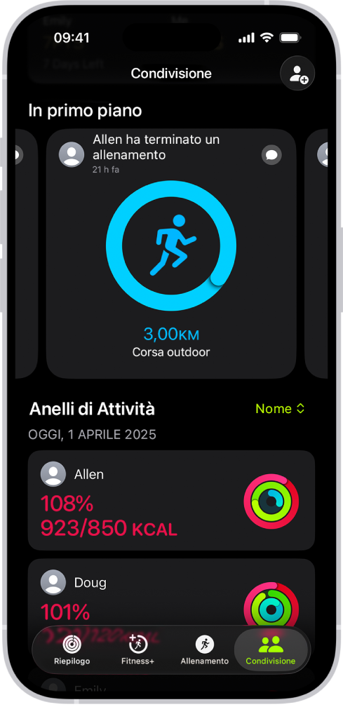 La schermata di condivisione di Fitness, con gli anelli di Attività e i riepiloghi dell’attività condivisi tra una persona e i suoi amici.