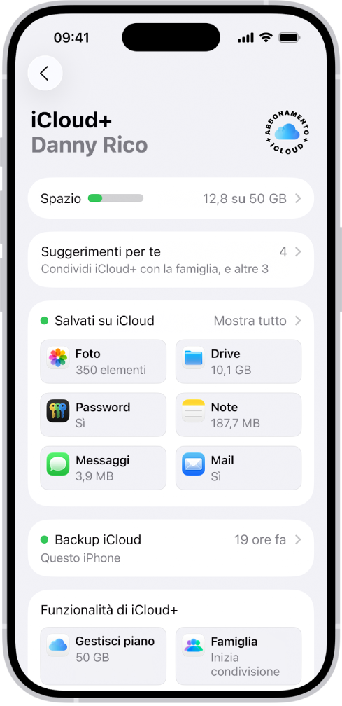La schermata delle impostazioni di iCloud, che mostra lo spazio di archiviazione su iCloud e l’elenco delle app e delle funzionalità.