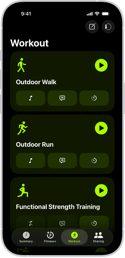 Skrin latihan Kecergasan menunjukkan tiga jenis latihan. Butang untuk mengelog latihan dan menyambungkan monitor kadar jantung terletak di bahagian atas skrin.