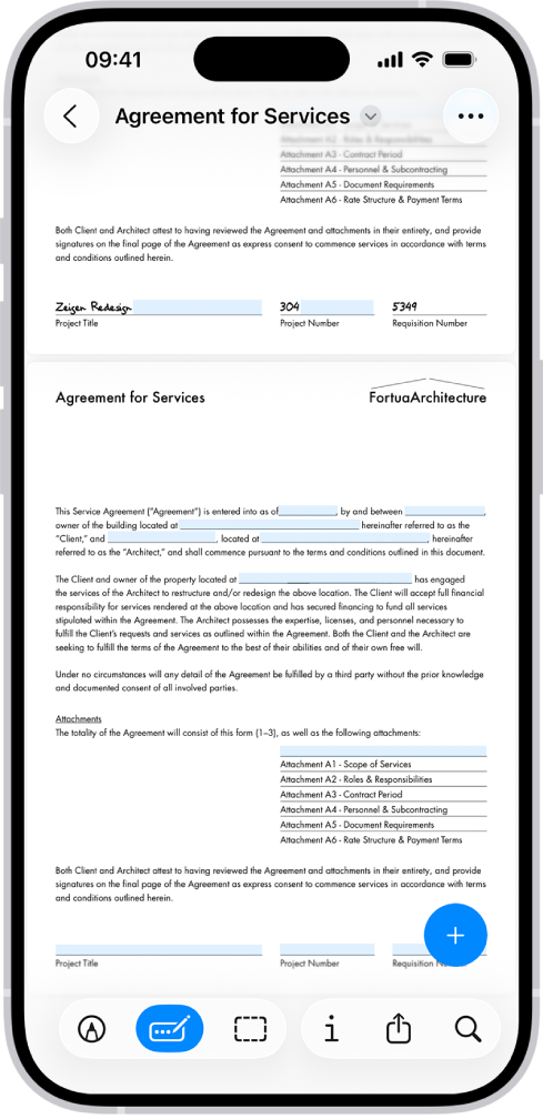 Екран, на якому показано PDF-форму в програмі «Оглядач» з виділеними полями, доступними для заповнення. Унизу екрана — кнопки «Додати анотацію», «Розмітити», «Автозаповнити», «Обітнути», «Інформація», «Поширити» й «Пошук». Вибрано кнопку «Автозаповнити».