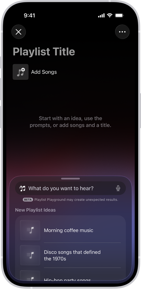 畫面呈現 Apple Music App 中的「歌單樂園」製作頁面,帶有標題和加入歌曲的手動按鈕,搜尋列顯示「早晨咖啡音樂」等建議歌單。