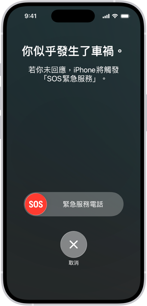 「車禍偵測」畫面顯示你已發生車禍的通知,下方有「SOS緊急服務電話」滑桿與取消按鈕。