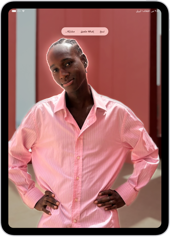 صورة مفتوحة في مكتبة تطبيق الصور. تم تحديد العنصر الموجود في منتصف الصورة وتظهر أزرار نسخ وبحث عام وإضافة ملصق ومشاركة فوقه.