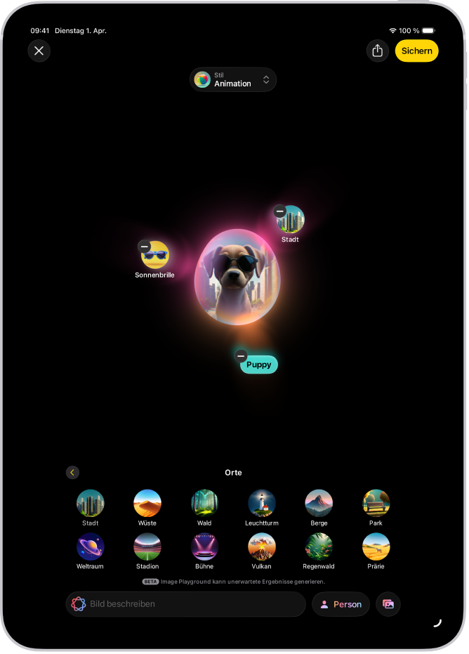 Das Fenster der App „Image Playground“ zeigt ein erstelltes Bild einer Person, die als Superheld verkleidet ist.