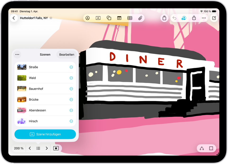 Ein Freeform-Board mit dem geöffneten Szenennavigator sowie mehreren gesicherten Szenen.