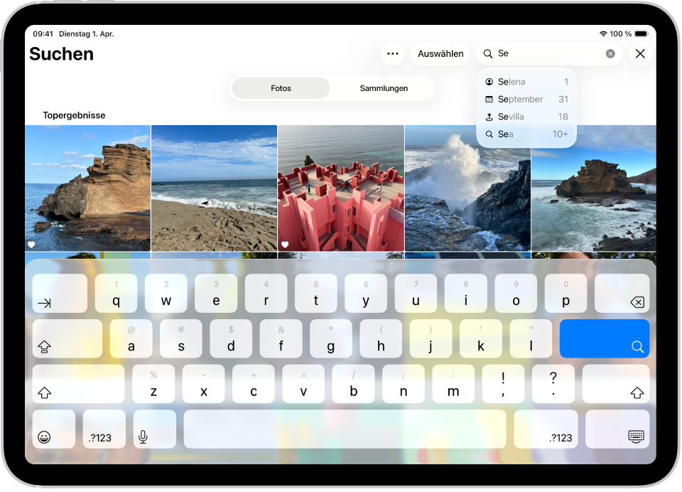 Der Suchbildschirm in der App „Fotos“. Oben auf dem Bildschirm ist das Suchfeld; darunter werden Vorschläge angezeigt.